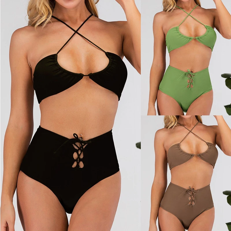 

Sexy Solid Color Off Shoulder Halter Bandage Sexy Women Two Pieces Women Bikinis Sets High Waist Bikini Swimsuit Women