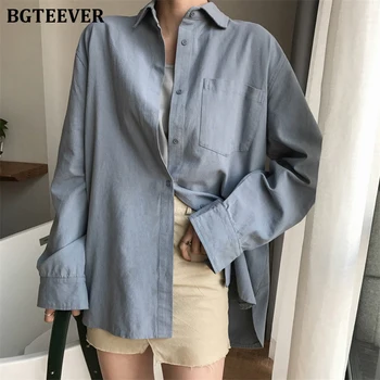 

BGTEEVER 2020 Spring One Pocket Women White Shirt Female Blouse Tops Long Sleeve Casual Cotton and Linen Women Loose Blouses