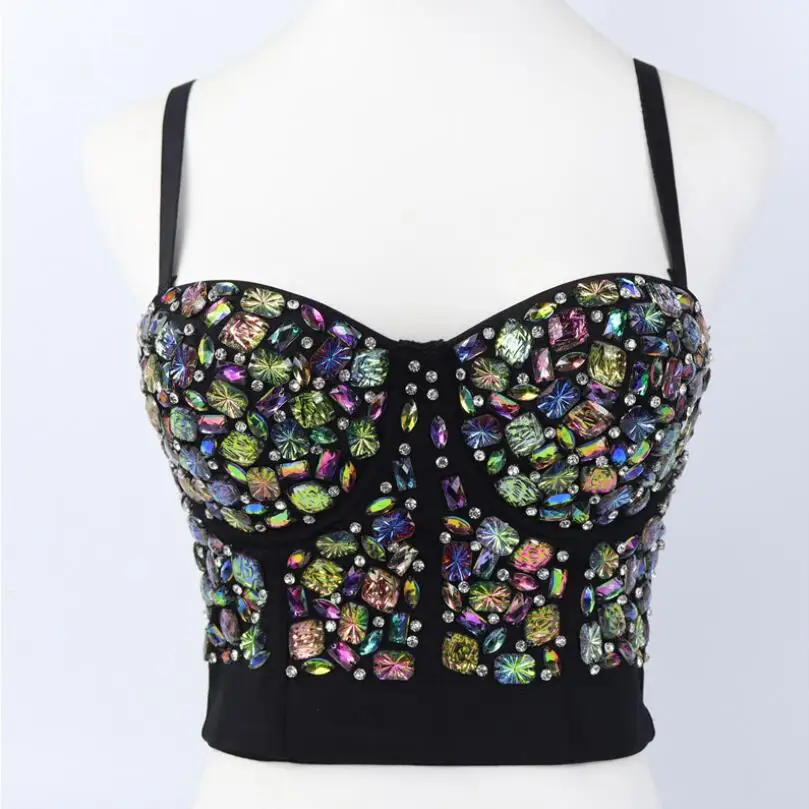 

Tank Tops Push Up Bralette Colorful Acrylic Nightclub Party Sexy Top Rhinestone Built In Bra Female Crop Women Camis Tops p487