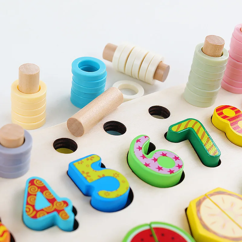 Wooden toy three-in-one double board digital operation cognitive shape pairing early education intelligence toy cut fruit game