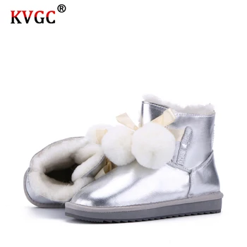 

KVGC classic cowhide Leather Shearling Lined Women lovely Winter Boots Pom-pom Style Ankle Snow Boots waterproof for Girls Boots