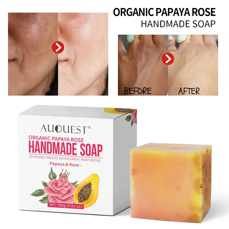 

AuQuest Papaya Rose Natural Handmade Essential Oil Soap Skin Whitening Remove Acne Soap for Face Body Clear Anti Bacterial TSLM1