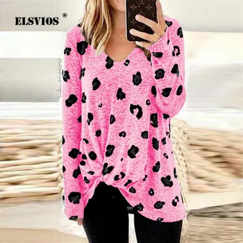 

ELSVIOS 2019 Plus Size Long Shirt Women Floral Print V-neck Blouse Autumn Knot Side Twist Long Sleeve Tops Elegant Ladies Blusas