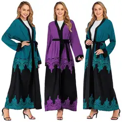 Кафтан jilбаб мусульманская абайя для женщин открытый передний кардиган Макси платье Дубай кимоно кружева лоскутное свободное 2019 осеннее