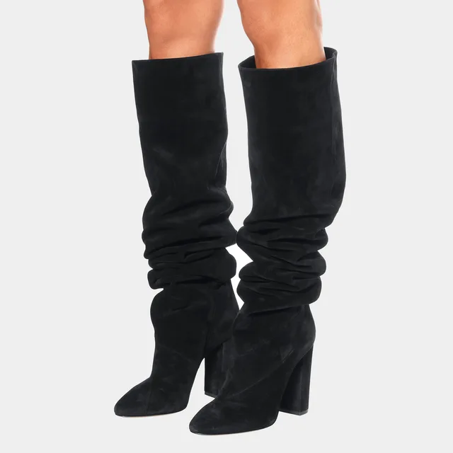 Women Faux Suede Over The Knee High Slouchy Boots Pointy Toe Chunky Heel Slouch Long Boots Ladies