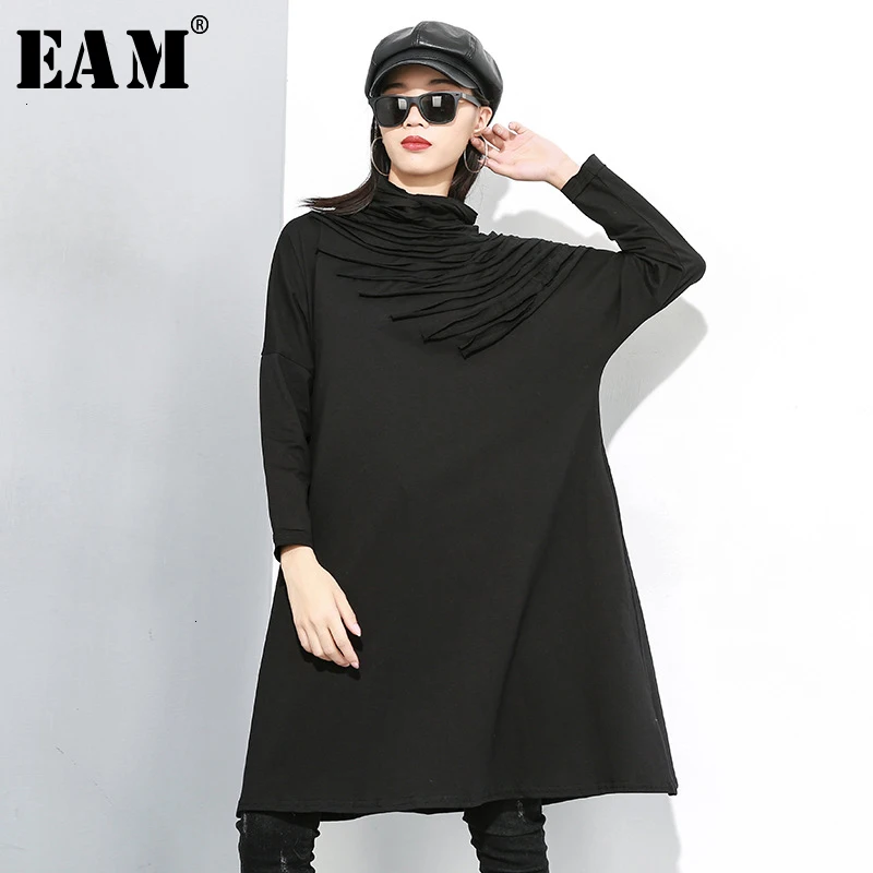 

[EAM] Women Black Pleated Split Big Size Dress New Turtleneck Long Sleeve Loose Fit Fashion Tide Spring Autumn 2020 19A-a788