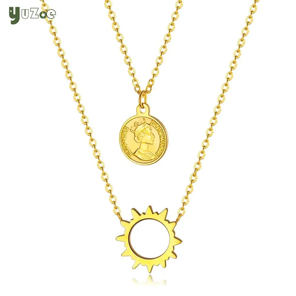 

YUZOE Korean Female Necklace Coin Pendant Necklace Double Sun Clavicle Chain For Women To Send Girlfriend Gifts