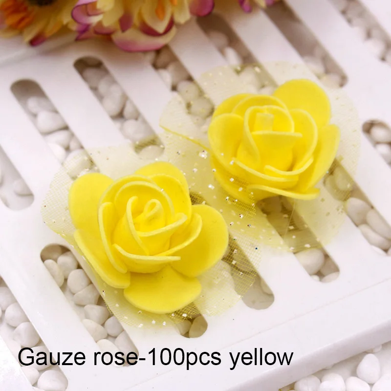 Gauze rose-yellow 100 шт./пакет 3,5 см мини PE пена Роза Цветок голова Искусственные цветы розы ручной работы DIY Свадебные дома вечерние украшения - Цвет: Gauze rose-yellow