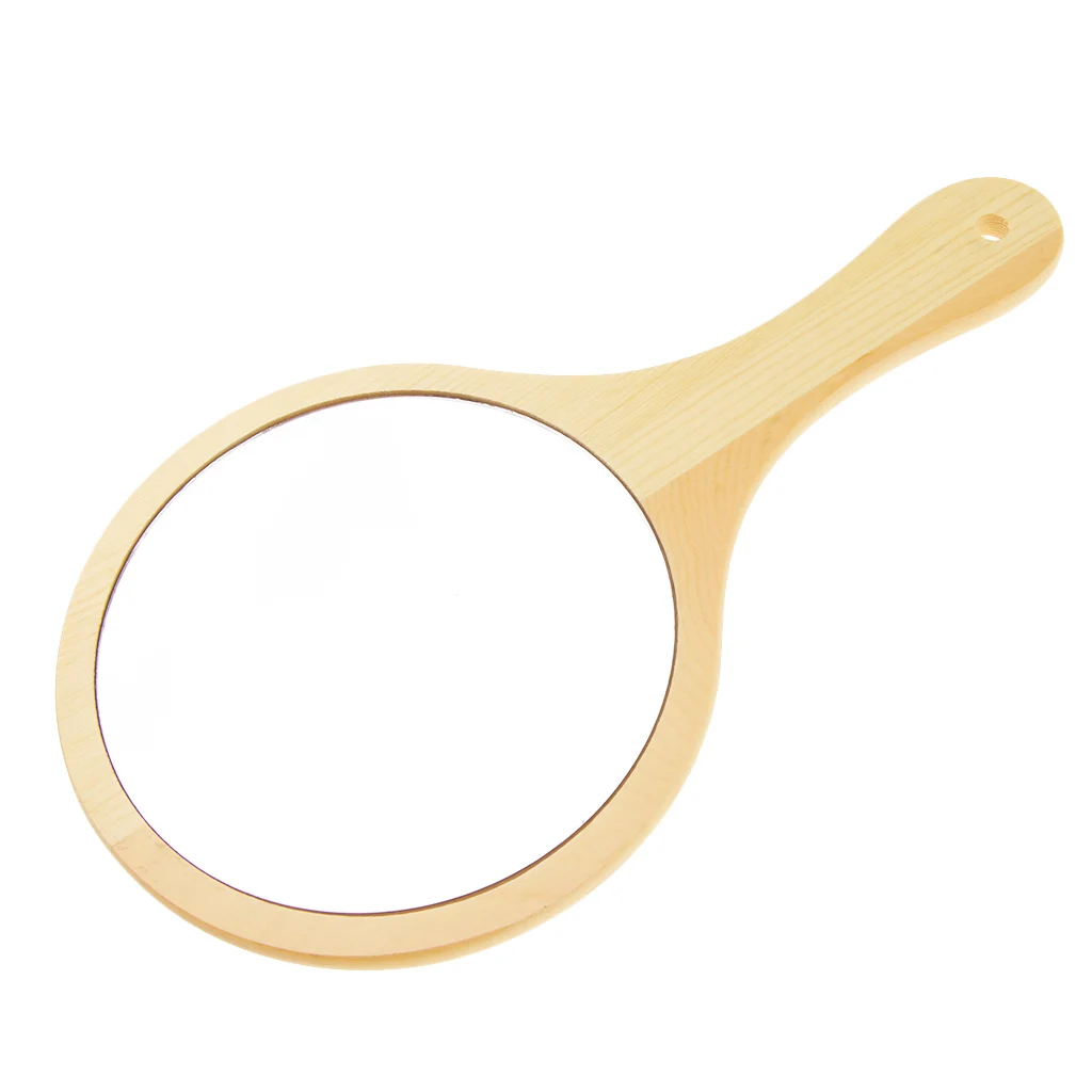 Portable Round Wooden Handheld Compact Makeup Vanity Hand Mirror with Hanging Hole for Bathroom Bedroom
