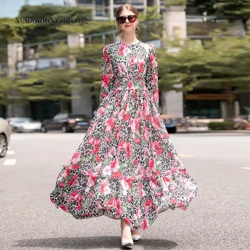 

Xiaomoli Leopard flower classic print waist length long long swing dress new fashion show in spring and summer 2020