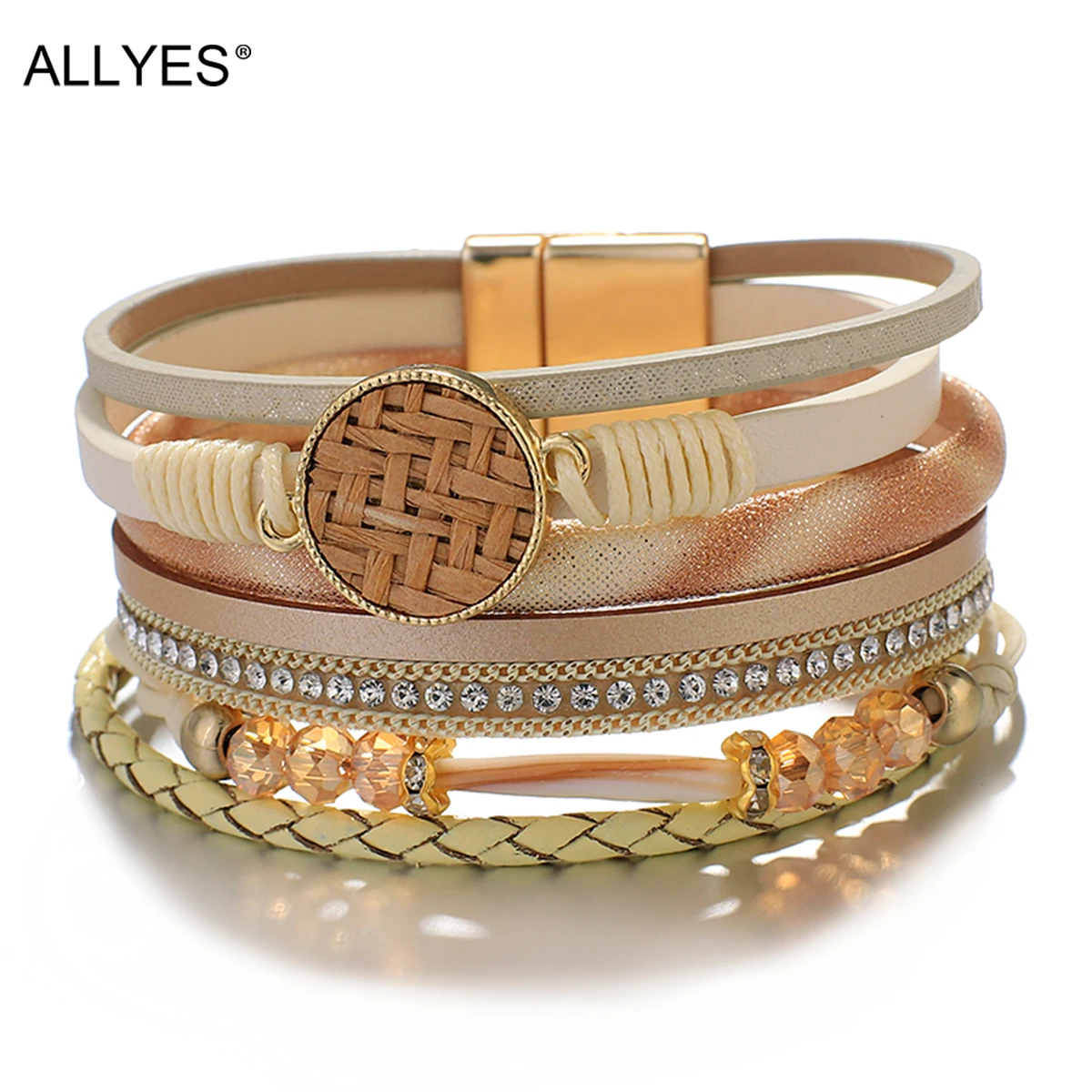 Женские кожаные браслеты ALLYES богемные плетеные из ротанга соломы стразы широкий