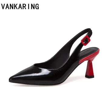 

fashion sandals black high heels women pumps genuine leather dress casual shoes pointed toe slingbacks summer slippers footwear