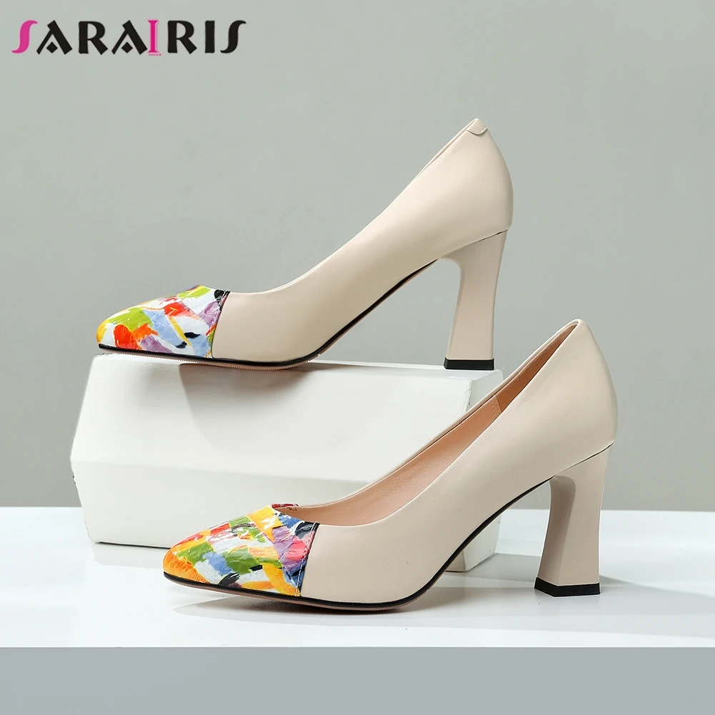

SARAIRIS Female Genuine Leather Patchwork Pumps Elegant Shallow Pumps Women Spring High Heels Office Shoes Woman