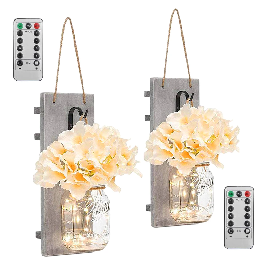2Pack Mason Jar Sconces LED Fairy Lights Rustic Wall Hanging Decor 6 Hours Timer 