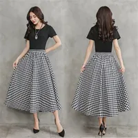 Vintage Cotton And Linen Autumn Long Women High Waist Pleated Skirt Elegant Office Ladies Plaid Skirt 1