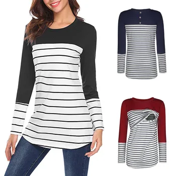 

Women's round neck and striped long sleeve T-shirt for pregnant women materity top