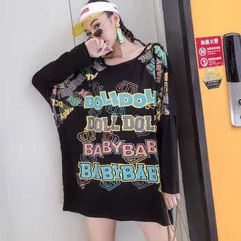 

Harajuku Punk T-shirt Woman Black Basic T Shirt Colorful Letter Print Cotton Top Tees Long Sleeve Women Tops Korean LT791S30