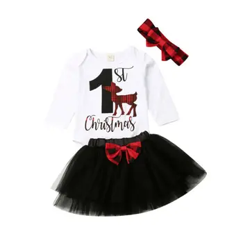 

Kids Cotton Long Sleeve 1st christmas printed romper + tutu dress + Headband 3PC outfits for baby Gils 0-18M