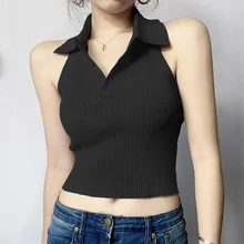 Aliexpress - Women 2021 Summer Casual Stretch Tank Tops Stylish Solid Color Backless Halter Buttons Lapel Slim Fit Wild Knitted Cropped Vest