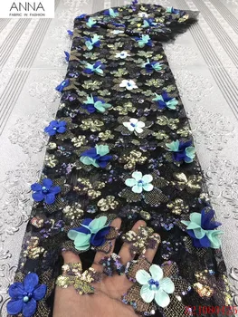 

Anna newest african 3d flower lace fabric applique embroidery with beads high quality french sequins laces fabrics 5 yards/piece