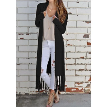 

Women Slim Thin Lace Jakcet Chaqueta Mujer New Autumn Long Sleeve Tassels Medium Long Cardigan Womens Outerwear Sweater Kimono