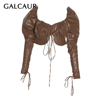 

GALCAUR PU Leather Bowknot Women's Shirt Square Collar Puff Sleeve Bandage Sexy Party Shirts Female Fashion Clothing 2020 Tide