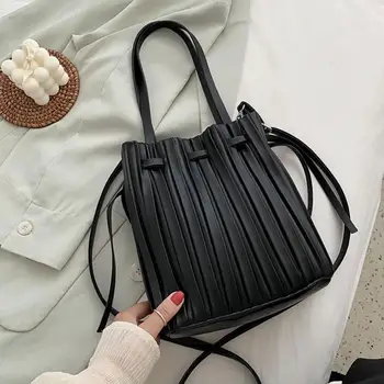 

2020 New Summer Simple Pleated Shoulder/Crossbody Bag Women's Fashion Pure Color Pull-Belt Portable Bucket Bag