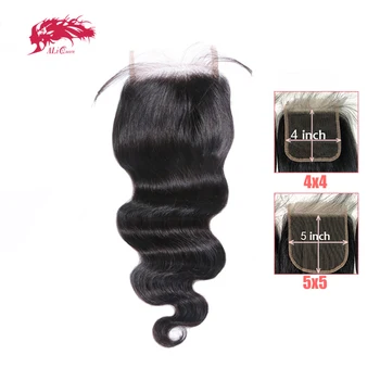 Chiusura in pizzo HD onda del corpo brasiliana 4x4 5x5 chiusura in pizzo con capelli del bambino capelli umani Remy al 100% 10 "-20" capelli AliQueen