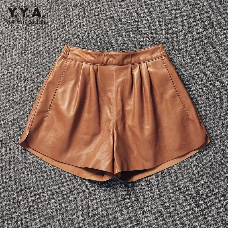 

New Fashion Women Elastic Waist Wide Leg Shorts Ladies Autumn High Quality Sheepskin Genuine Leather Shorts Casual Streetwear