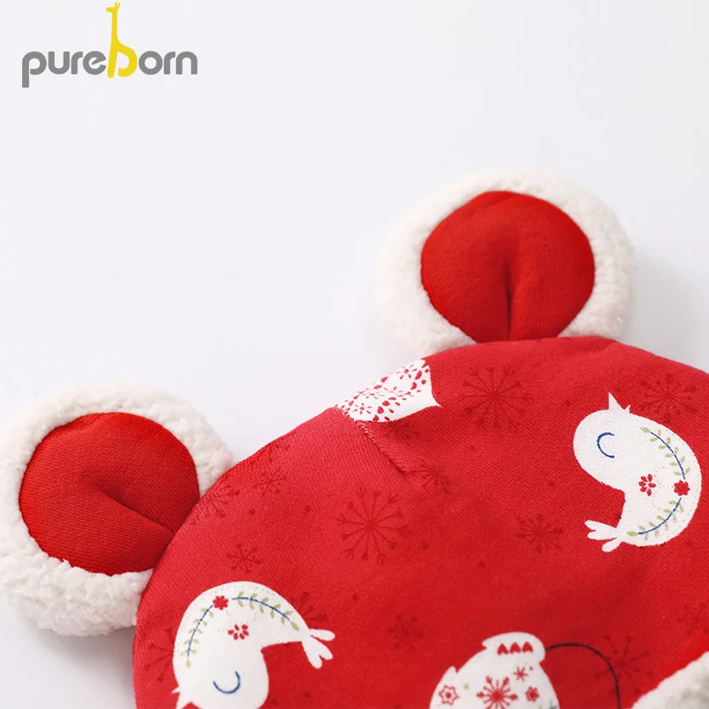 Pureborn/шапка для новорожденных девочек; шапка для маленьких мальчиков с плюшевой подкладкой; шапка с ушками и помпонами для малышей; зимняя шапка