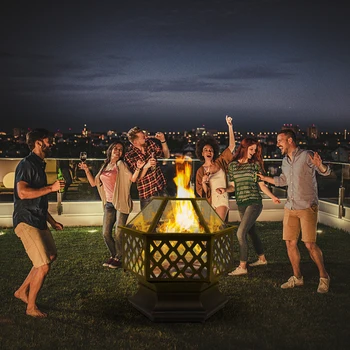 

Backyard Poolside Fire Pit 22" Hexagonal Shaped Iron Brazier Wood Burning Fire Pit Decoration With Flame-retardant Spark Guard