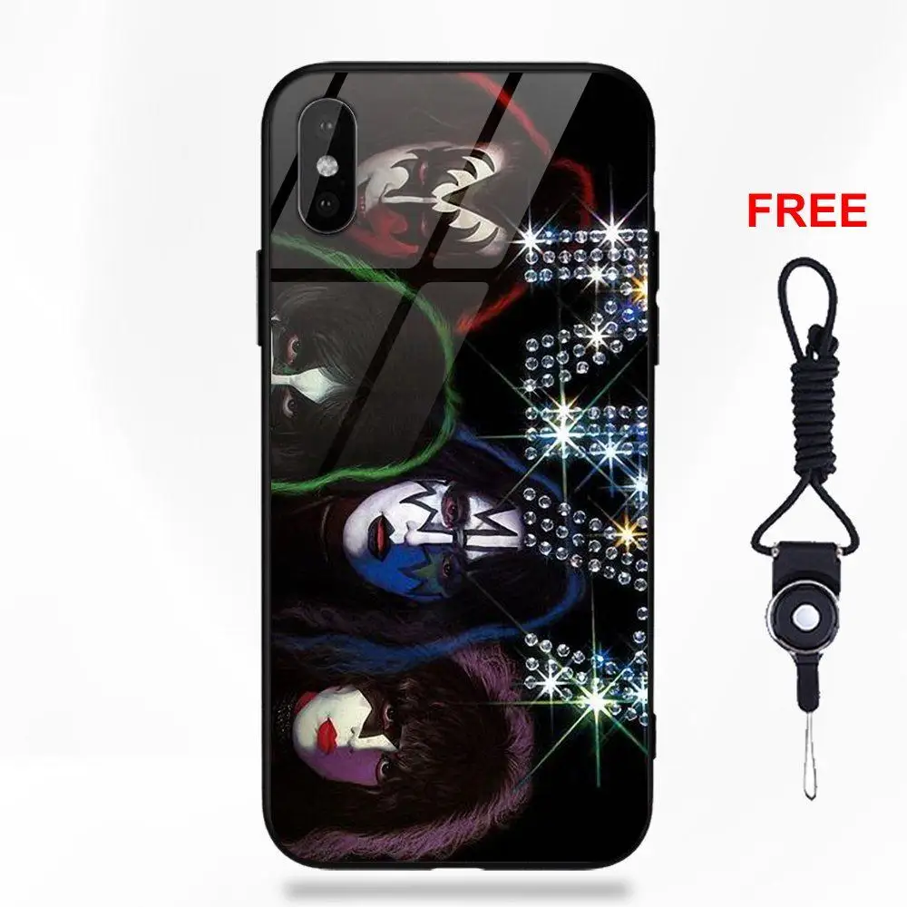 Рисунок мягкий ТПУ чехол+ закаленное стекло чехол для телефона Apple IPhone X XS Max XR 5 5C 5S SE 6 6S 7 8 Plus Kiss тяжелый Логотип рок-группы - Цвет: as picture