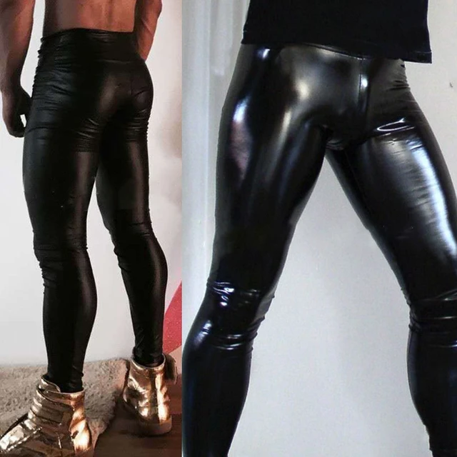 Men's PU Leather Pants Legging Wet Look Skinny Pouch Trousers