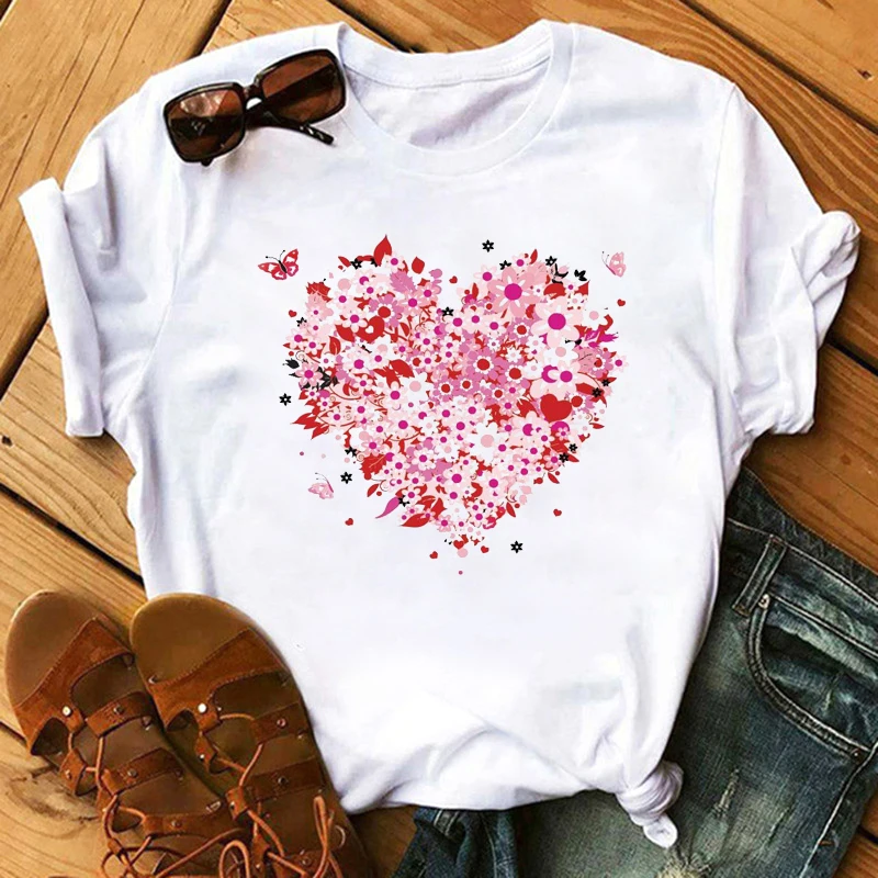 Cartoon Flower Heart Pattern Women T-Shirt Simple Style Girls Tops Short Sleeve Female Tee | Женская одежда