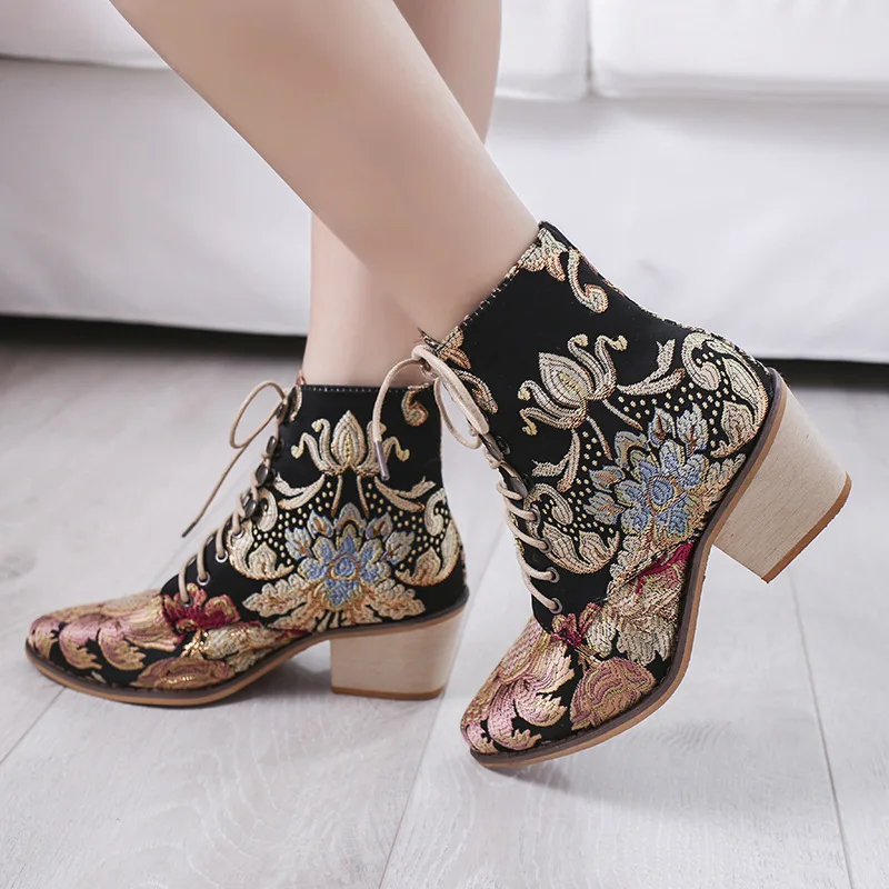 

Europe And America Autumn And Winter Silk Fabrics Embroidered New Style Retro High-Heel Chunky-Heel Martin Boots Chunky Heel Lar