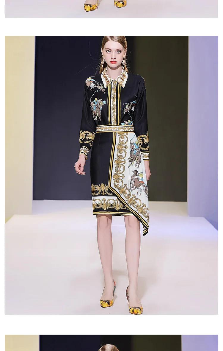 10.5 High quality Autumn New diamonds beading Turn-down collar long sleeve blouses Package Hip asymmetrical skirt print suit
