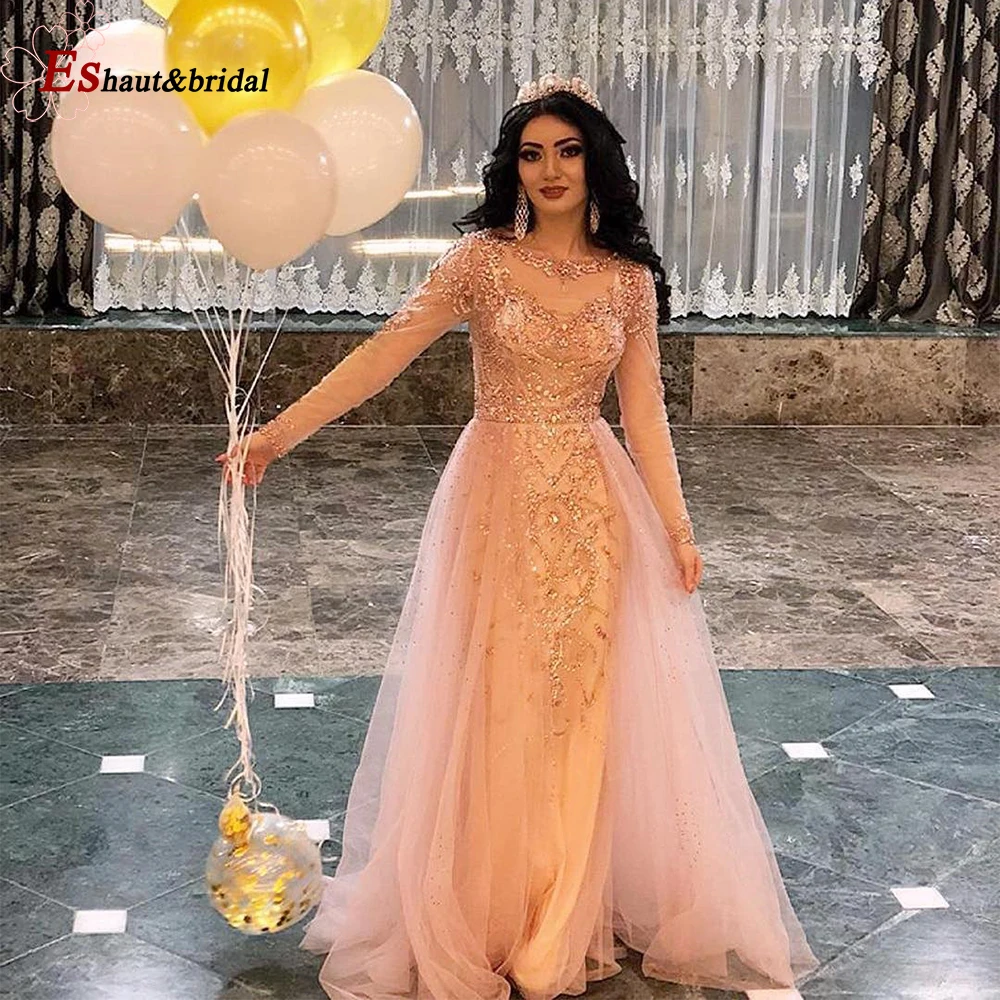 Long Sleeves Evening Dress for Women 2020 Luxury Beads Handmade O Neck Mermaid Tulle Formal Party Gowns | Свадьбы и торжества