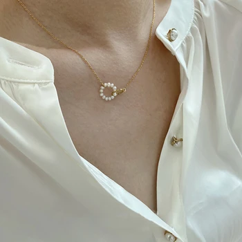 

GHIDBK Dainty Natural Freshwater Pearls Circle Pendant Necklaces French Elegant Stainless Steel Double-ring Pearl Chokers Collar
