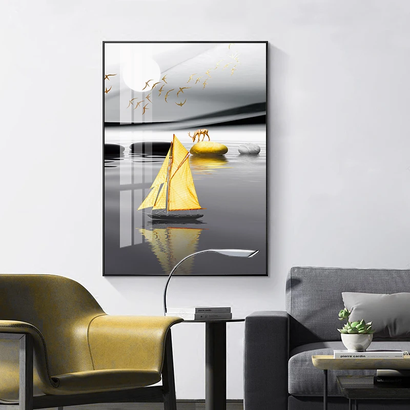 Modern-Landscape-Poster-Black-Yellow-Stone-Boat-Deer-Wall-Art-Canvas-Painting-Nordic-Print-Wall-Pictures (2)