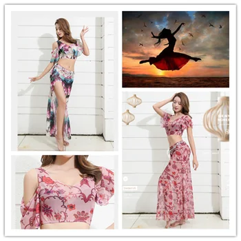 

Flower print Off-shoulder Sexy Belly dance Placketing Long skirt 2pcs set for women performance wears costumes free shipping