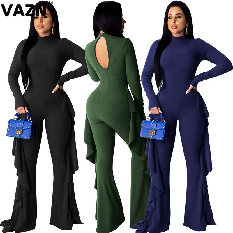 VAZN/Лидер продаж; необычный сексуальный костюм с открытой спиной для ночного клуба; модная однотонная водолазка с длинными рукавами; эластичные женские комбинезоны с высокой талией