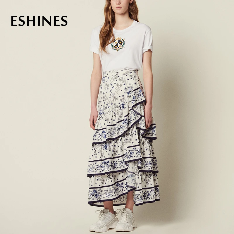 

ESHINES High Waist Casual Women Long Skirt New Fashion Floral Printed Cascading Ruffles Open Split Irregular Cake Skirt