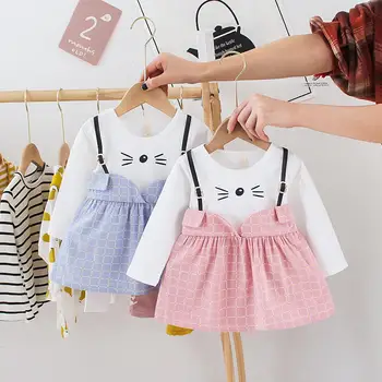 

Girl Kids Dress Cartoon Fake Two Piece Plaid Pattern Princess Dress Summer Short Sleeve Children Baby Kids Infant Dress