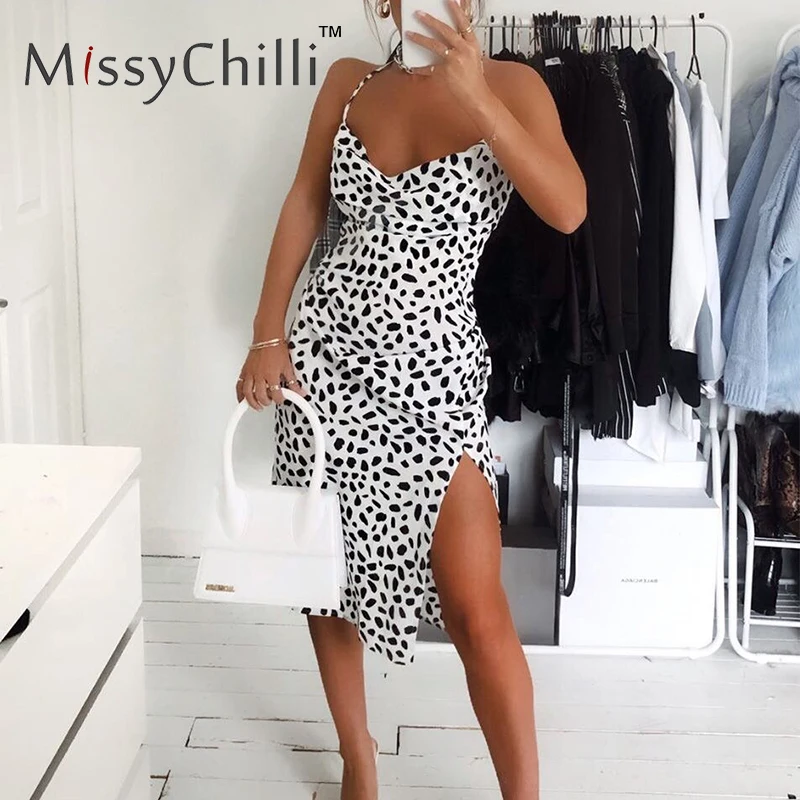 Женское платье в горошек MissyChilli белое Элегантное без бретелек с разрезом уличное