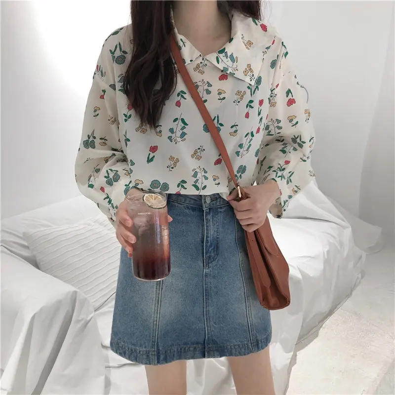 

Alien Kitty Korea 2019 Preppy Style Print Floral Sweet Gentle Full Sleeves Pullovers Simple Fresh All Match Free Shirts Tops