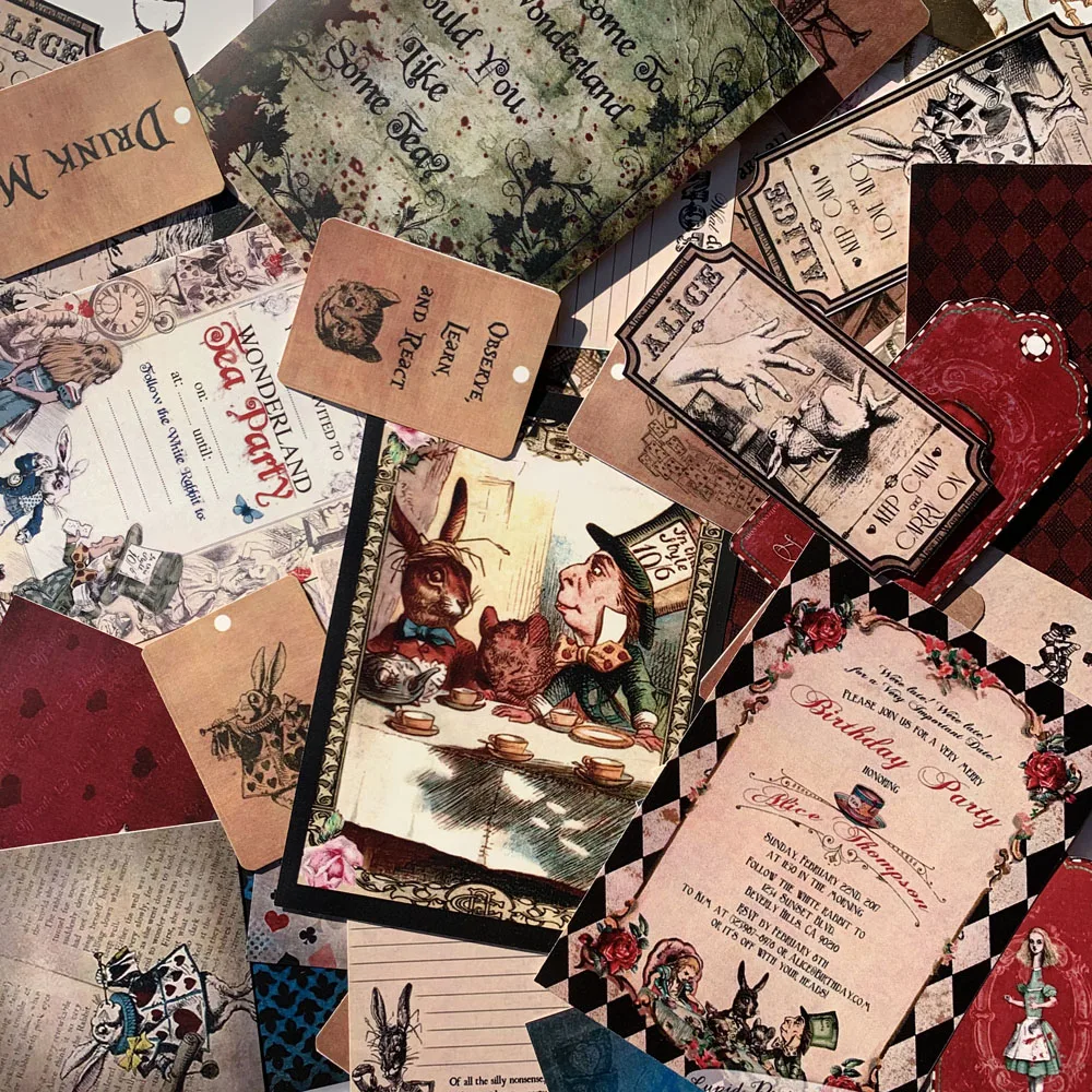 

41Pcs Retro Alice's Dream Adventure Material Paper Magic Poker Rabbit Villain Tag Old Memo Note Label Sticker DIY Scrapbooking