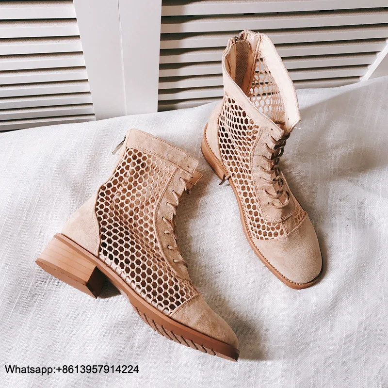 

Botas Zipper Ladies Boots Women Sandals Mesh Chaussures Femme Pink Ankle Boot Botas Mujer Med Heel Female Shoes
