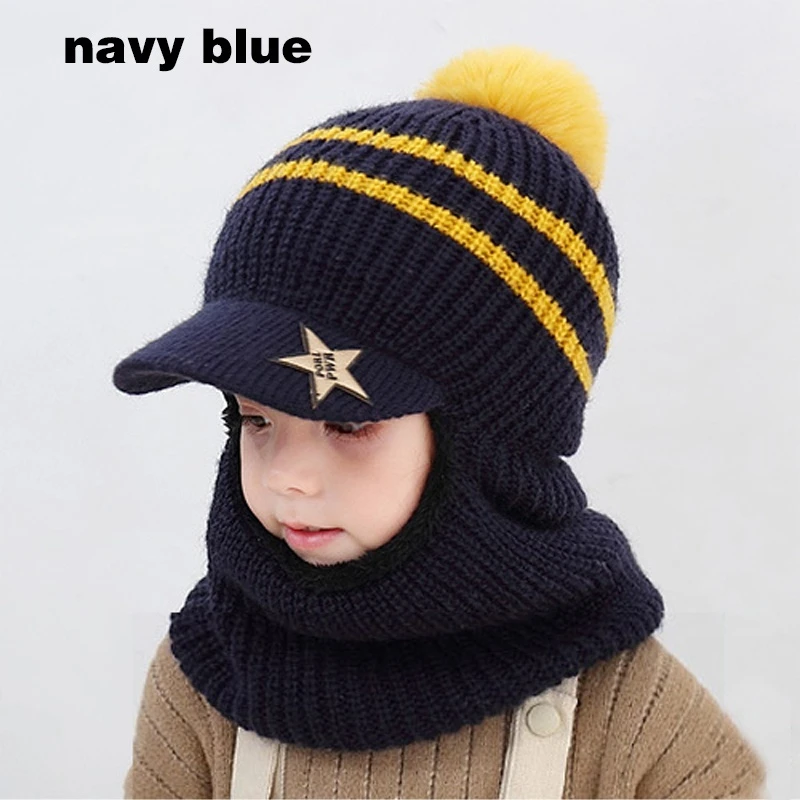 Зимние теплые ветрозащитные детские шапки с помпоном, многофункциональная вязаная шерстяная шапка унисекс для маленьких мальчиков и девочек, мягкая шапка для защиты лица, шарф - Цвет: navy blue baby hat