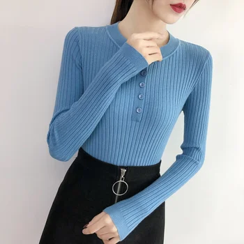 

Women Simple Autumn Warm Long Sleeve Cute Solid Color Casual Loose Round Collar Button Sweater Comfort