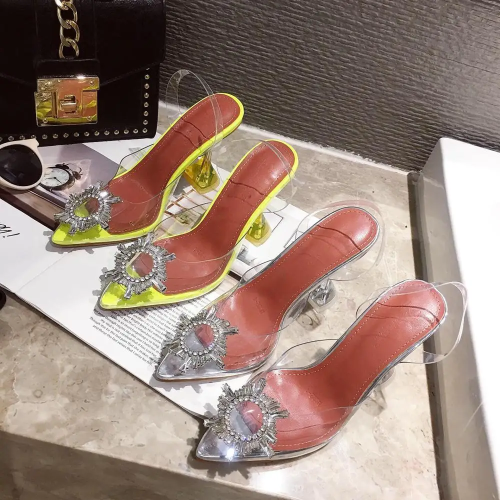 

Elegant Women Sandals Transparent PVC Shoes Pointed Toe Clear High Heels Sandals Rhinestone Crystal Design Wedding Party Sandals